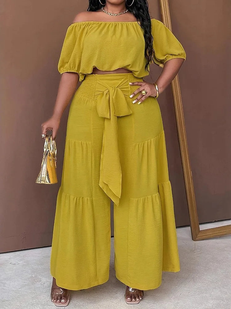 Off-Shoulder Top & Tiered Wide-Leg Pants Set