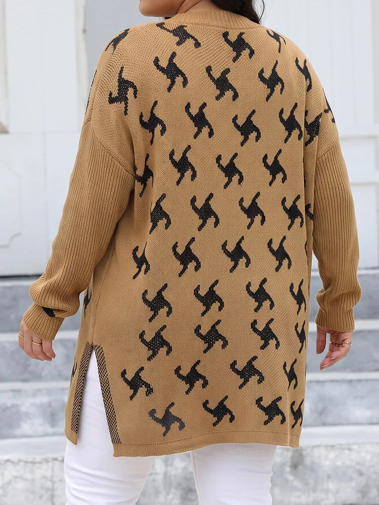 Cat-Print Longline Side-Slit Cardigan
