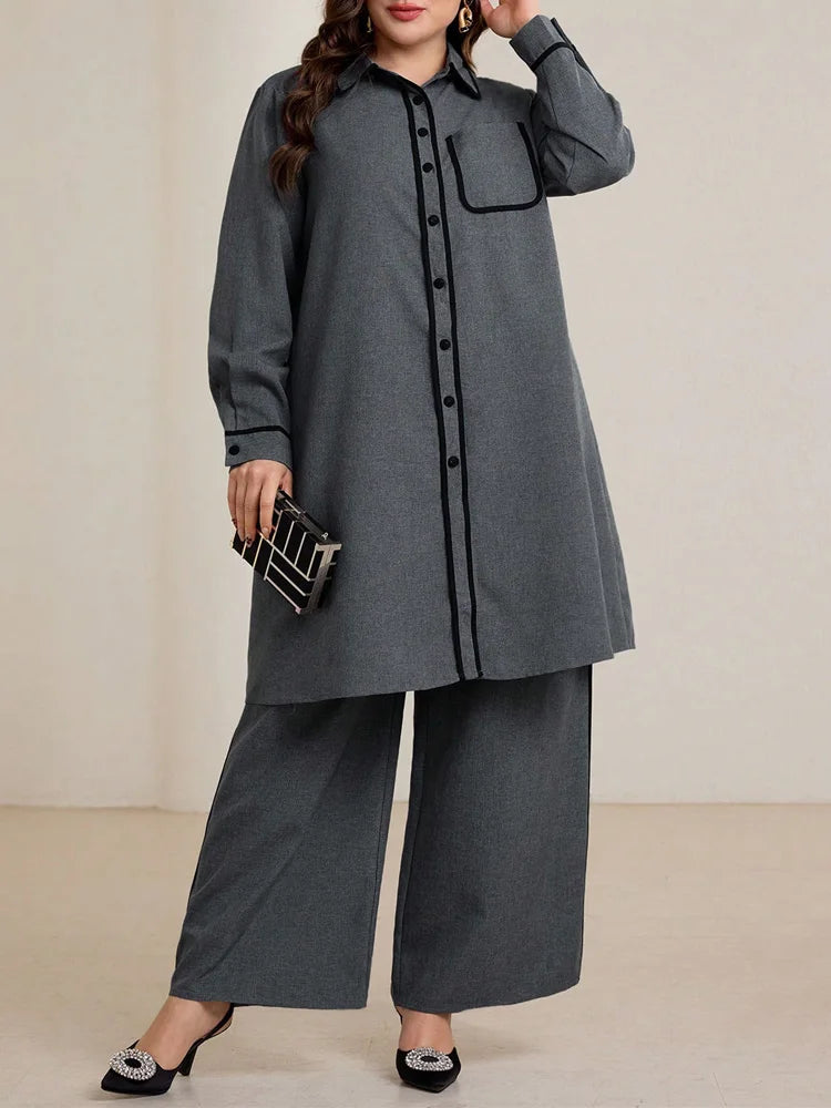 Contrast-Piped Longline Shirt & Wide-Leg Pants Set