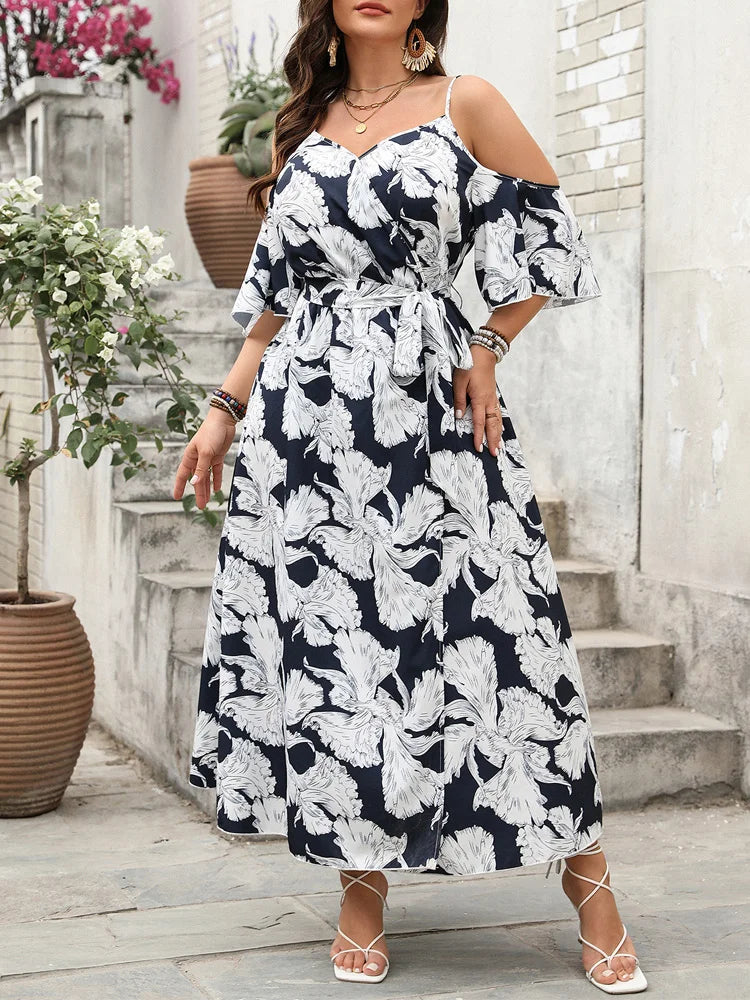 Monochrome Cold-Shoulder Maxi Dress