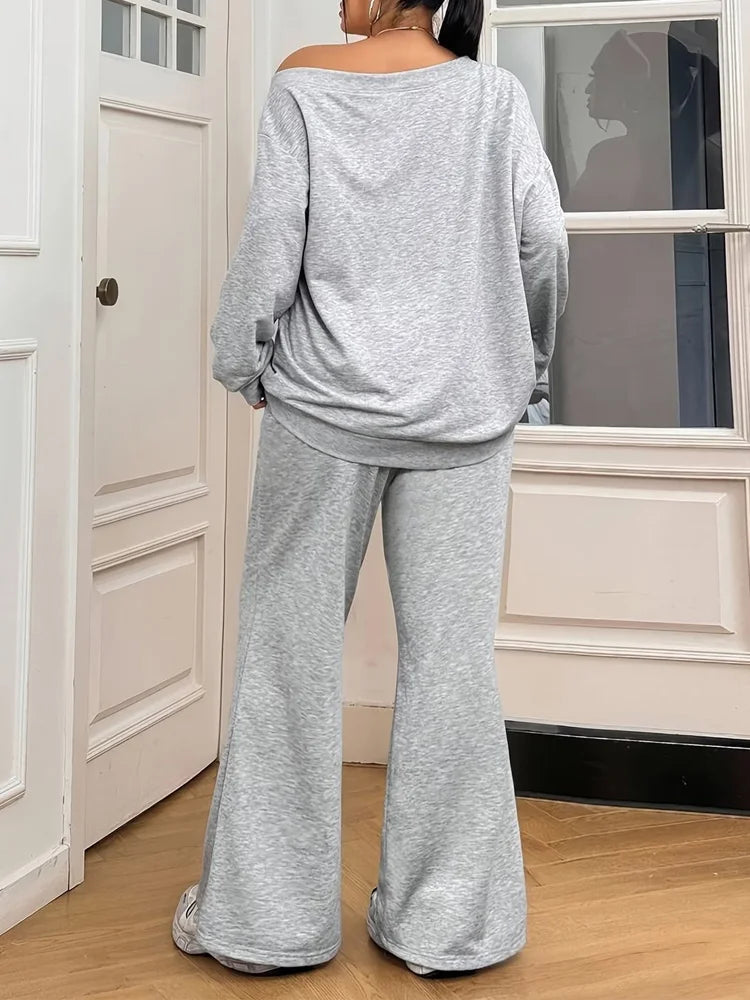 Off-Shoulder Sweatshirt & Flared Pants Set