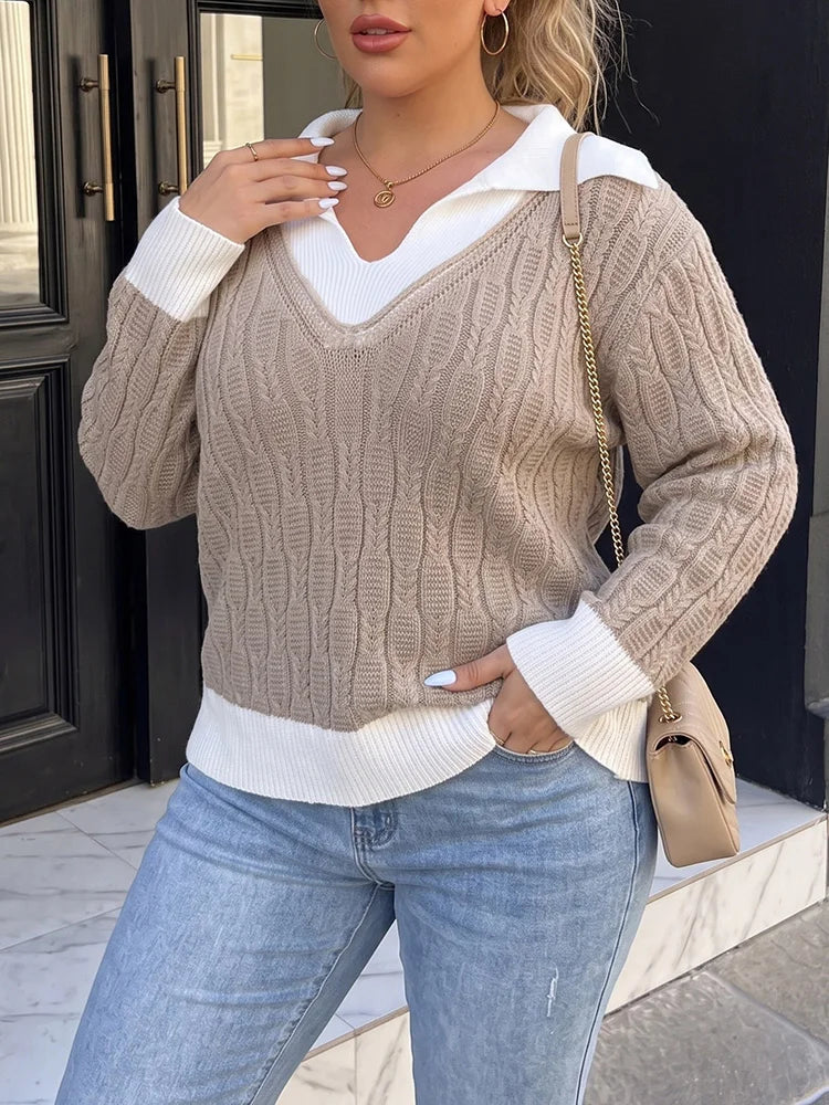 Contrast-Collar Cable-Knit Layered Sweater
