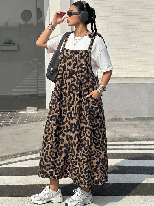 Leopard Pocketed Pinafore Maxi Dress