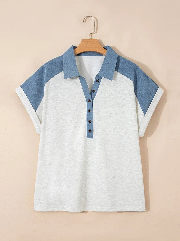 Colorblock Polo-Collar Button-Placket Top