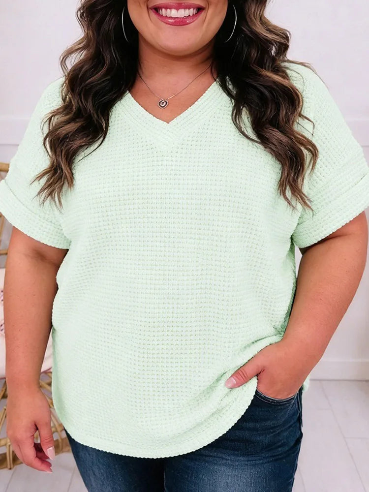 Waffle-Knit V-Neck Relaxed Top