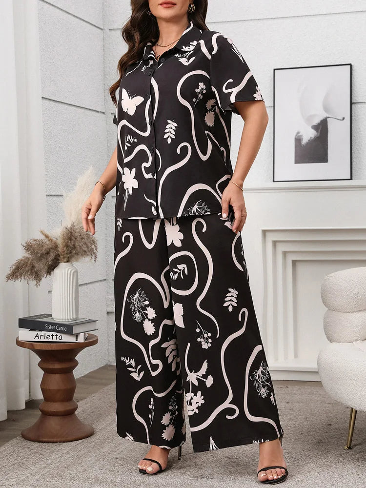 Abstract-Floral Shirt & Wide-Leg Pants Set