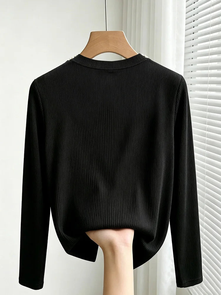 Pearl-Collar Ribbed Long-Sleeve Top