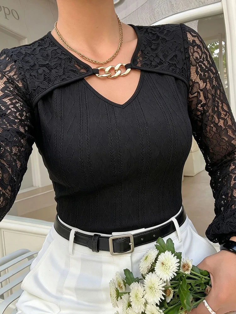 Chain-Link Lace-Sleeve Knit Top