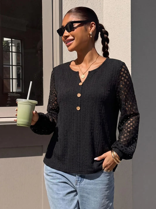Openwork-Sleeve Button-Front Top