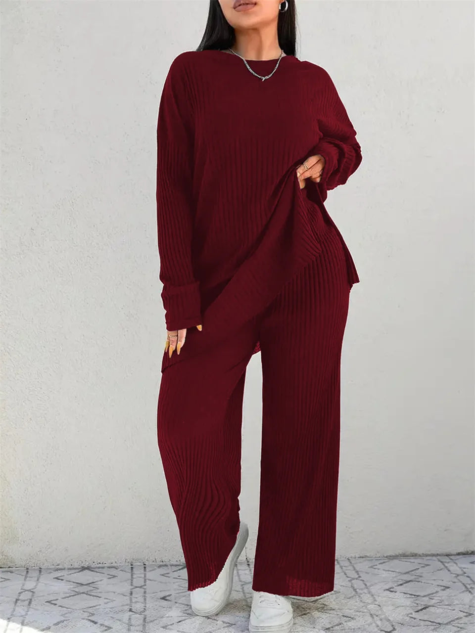Ribbed Longline Top & Wide-Leg Pants Set