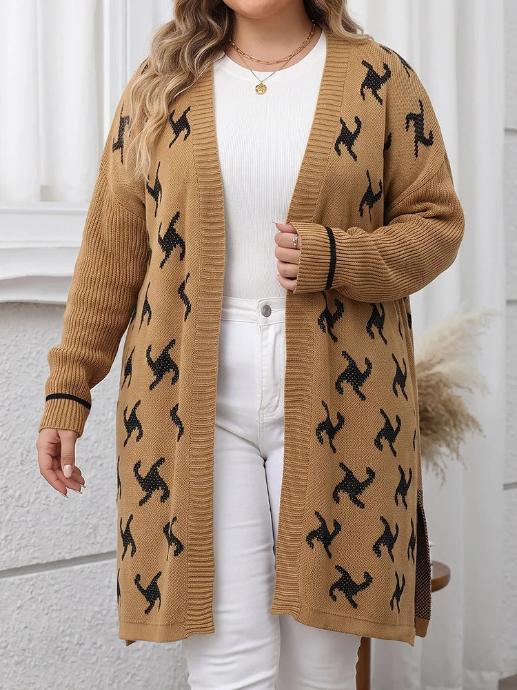 Cat-Print Longline Side-Slit Cardigan