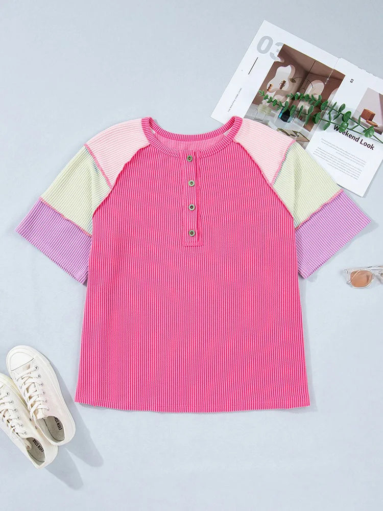 Colorblock-Sleeve Ribbed Henley Top