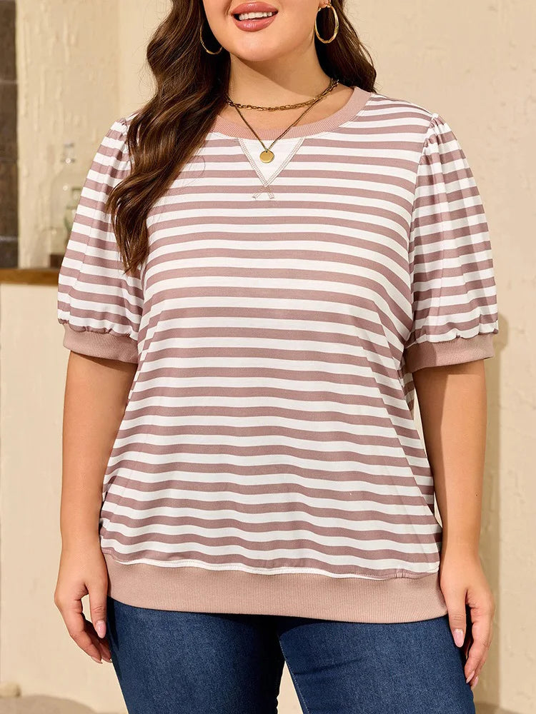 Striped Puff-Sleeve Crew-Neck Top