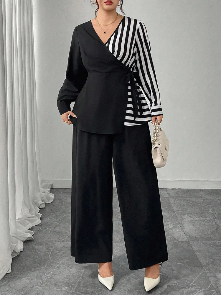 Striped Wrap Top & Wide-Leg Pants Set