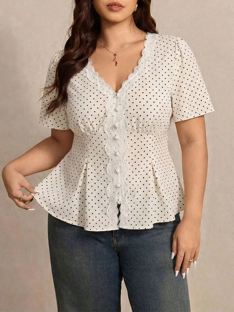 Polka-Dot Lace-Trim Peplum Blouse