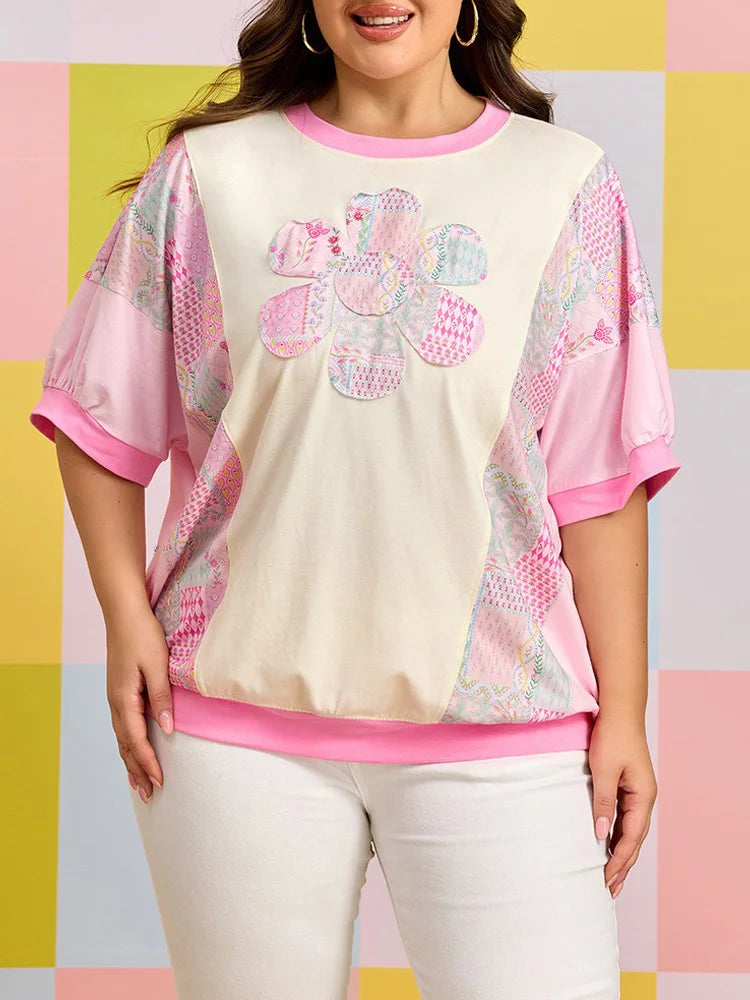 Patchwork Floral-Appliqué Puff-Sleeve Top