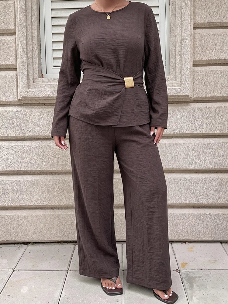 Textured Buckle-Wrap Top & Wide-Leg Pants Set