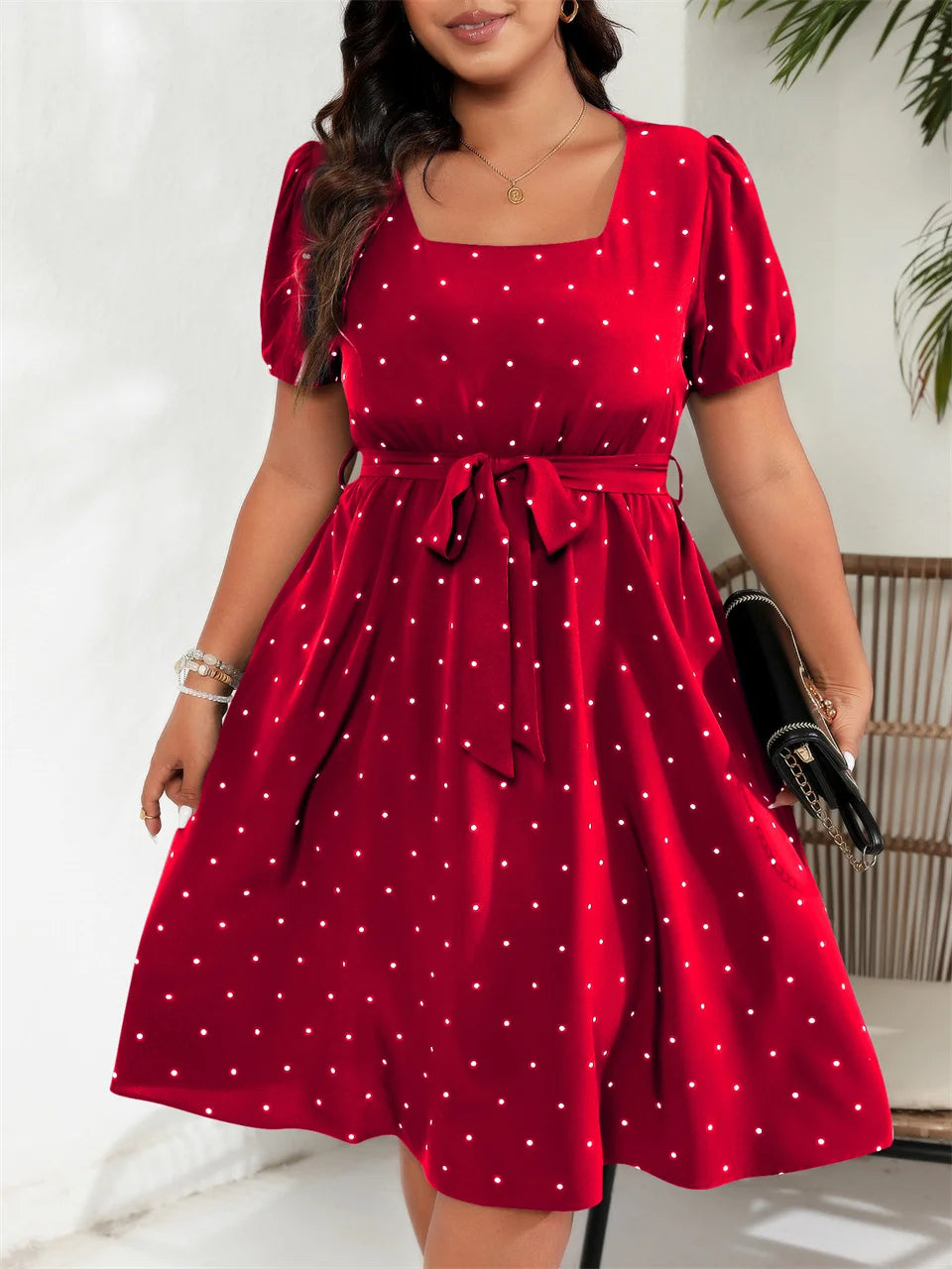 Polka-Dot Square-Neck Midi Dress
