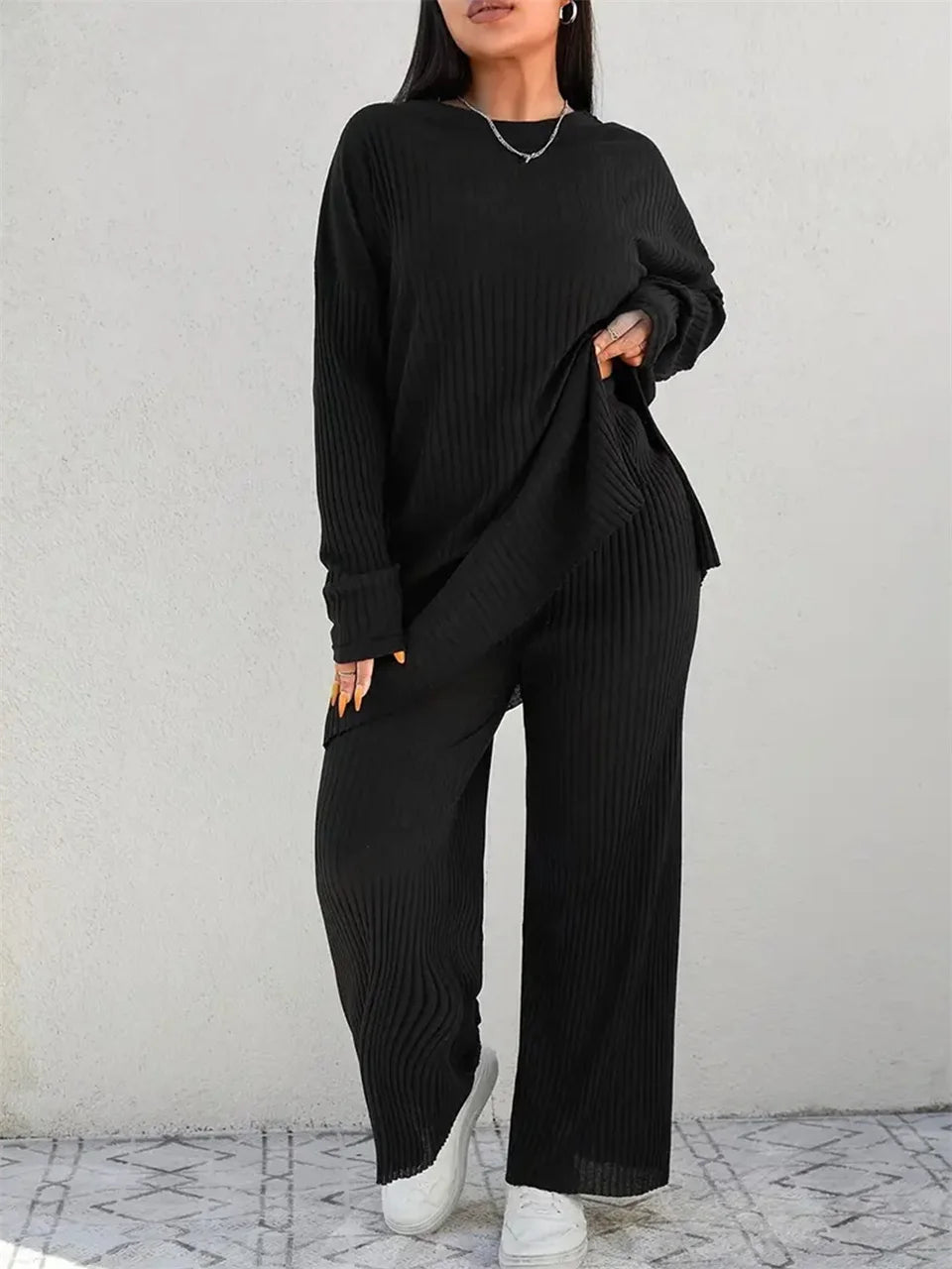 Ribbed Longline Top & Wide-Leg Pants Set