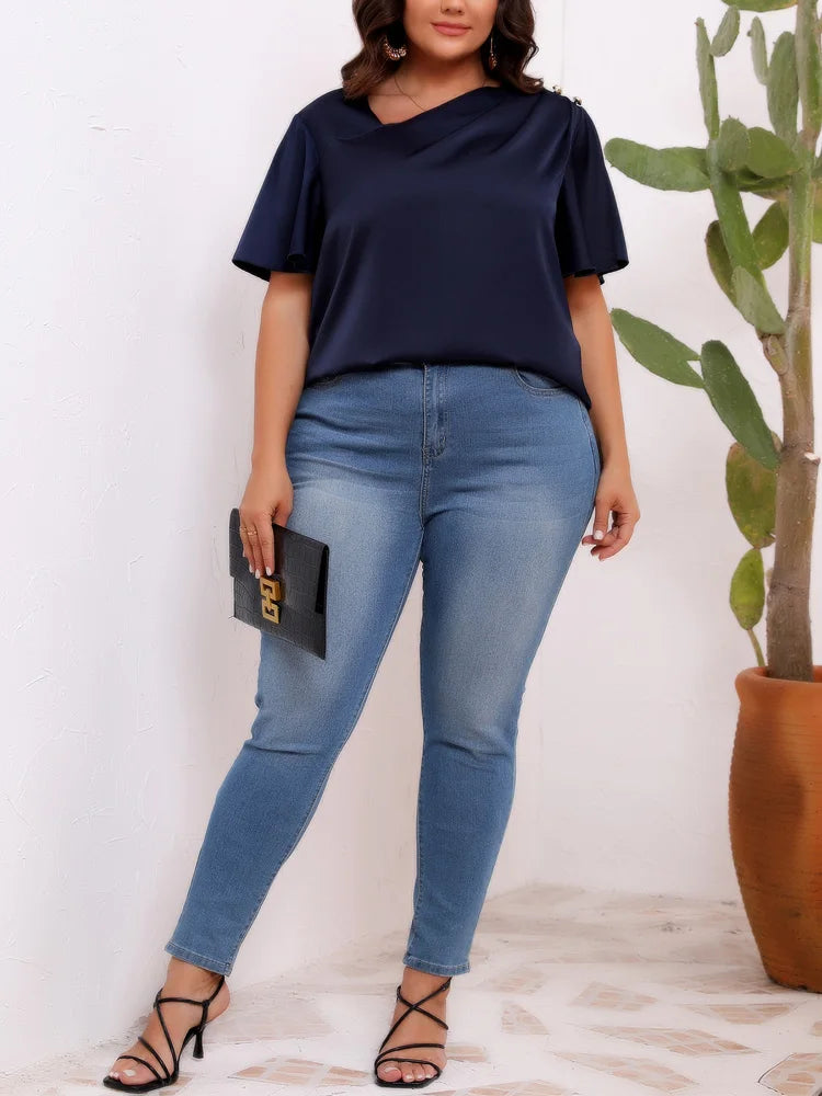 Draped-Neck Flutter-Sleeve Blouse