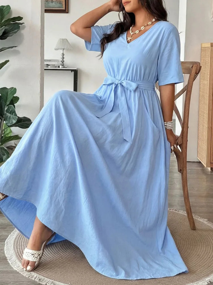 Belted V-Neck Pocket Maxi Dress