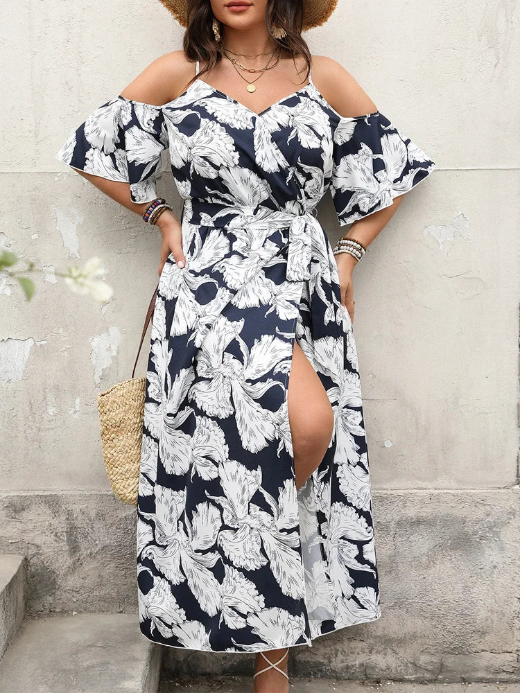 Monochrome Cold-Shoulder Maxi Dress