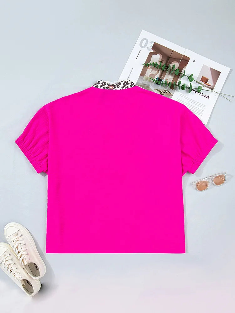 Leopard-Trim Pink Split-Neck Blouse
