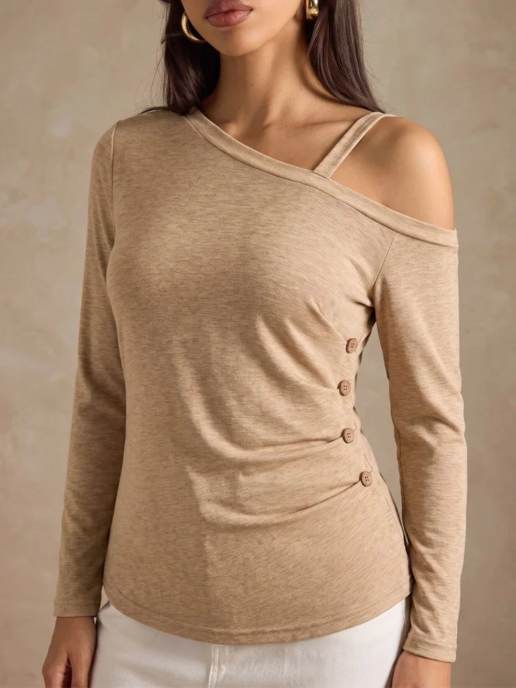 Asymmetric-Neck Side-Button Top