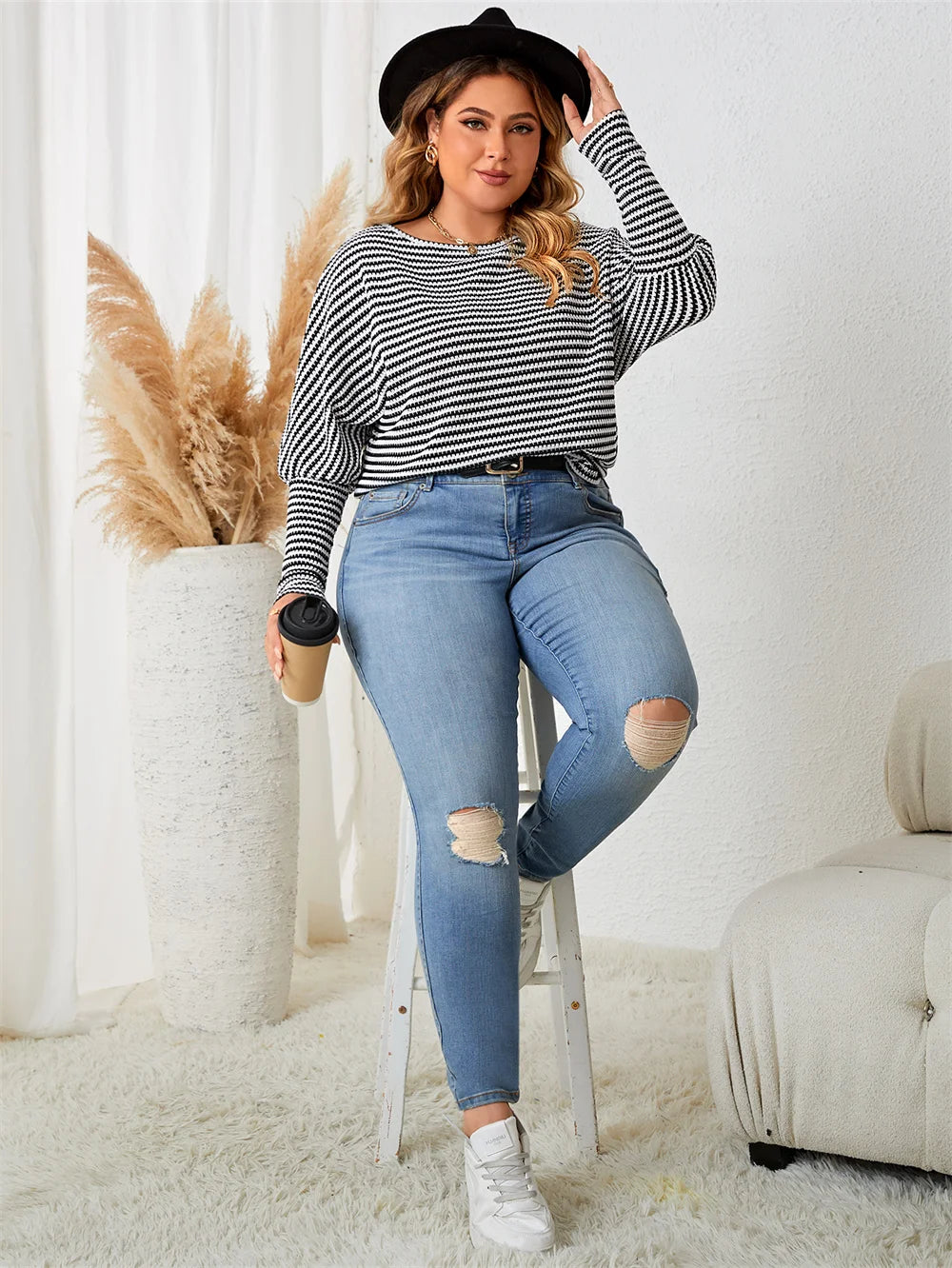 Striped Balloon-Sleeve Knit Top