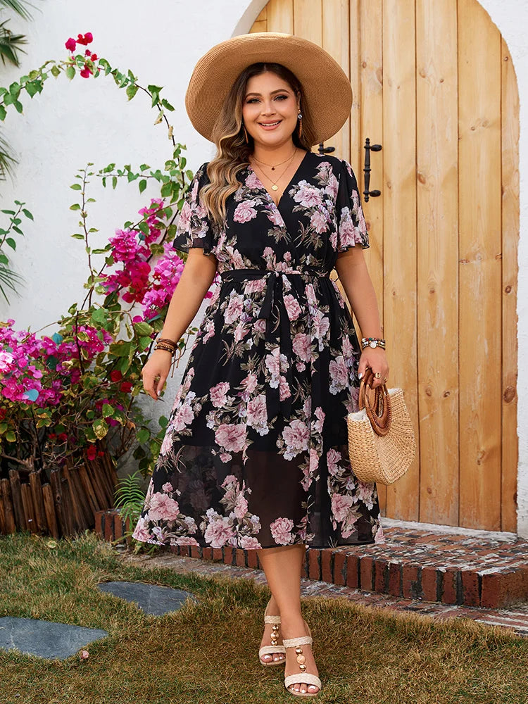 Floral Flutter-Sleeve Wrap Midi Dress