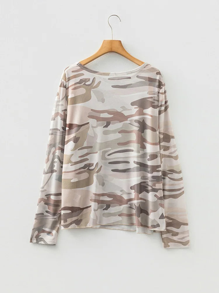 Camo-Print Sheer Long-Sleeve Top