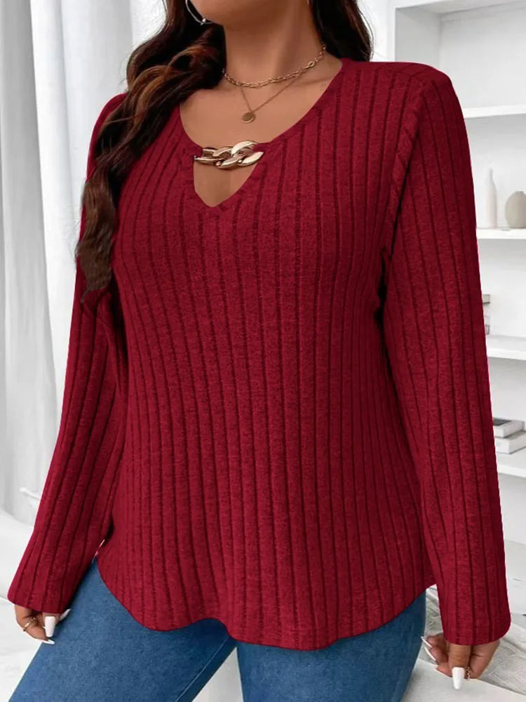 Chain-Link Ribbed V-Neck Top