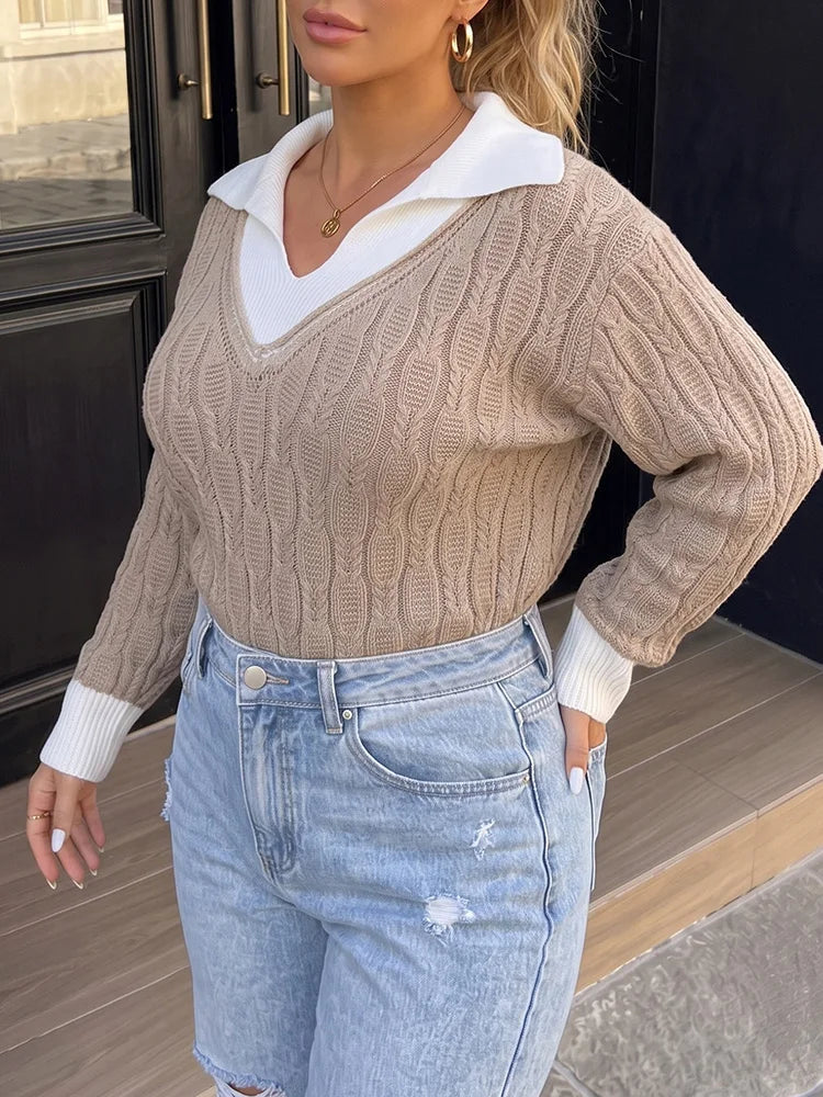 Contrast-Collar Cable-Knit Layered Sweater