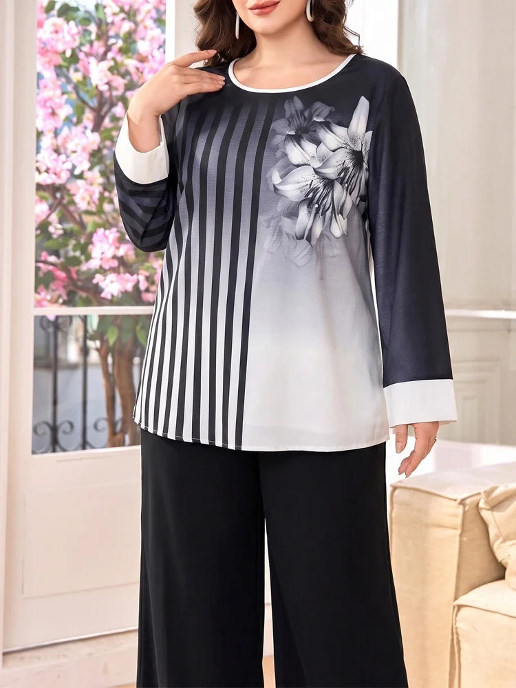 Floral-Stripe Tunic & Wide-Leg Pants Set