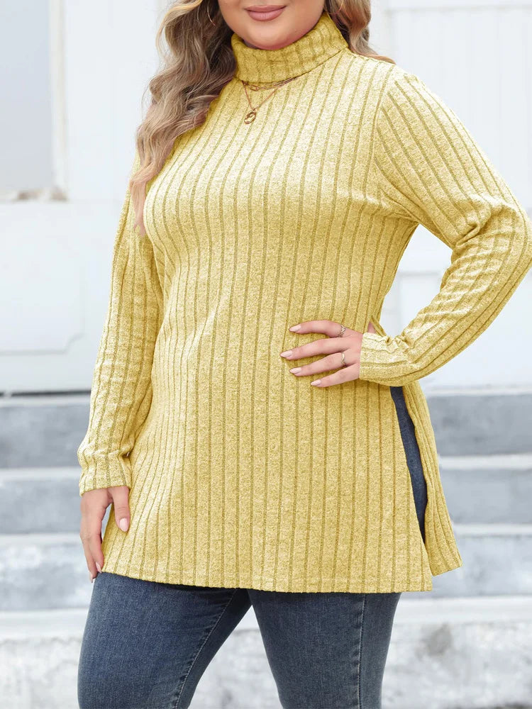 Ribbed Turtleneck Side-Slit Tunic