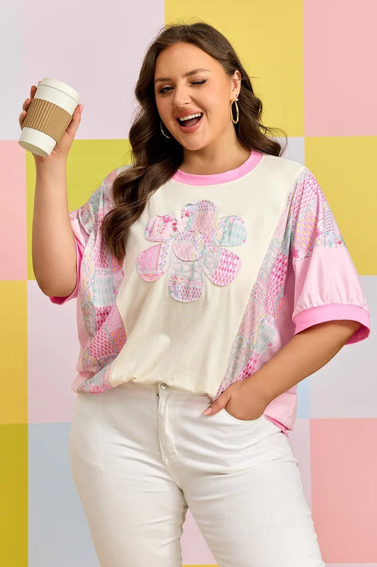 Patchwork Floral-Appliqué Puff-Sleeve Top