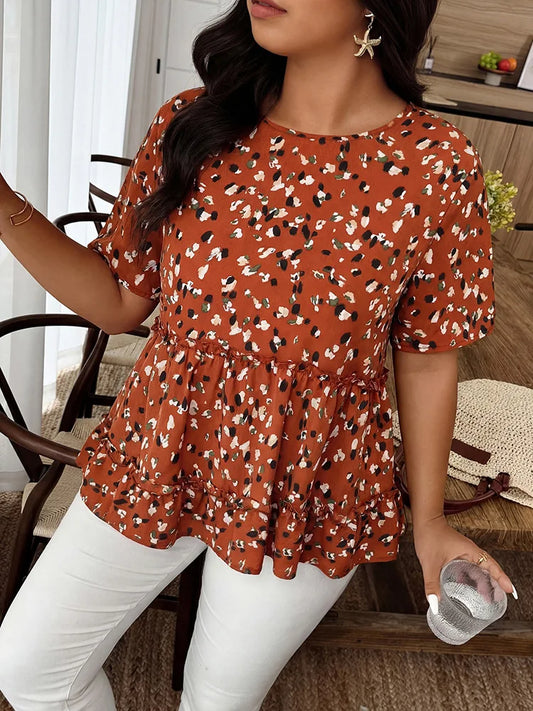 Abstract-Print Ruffle-Hem Peplum Top