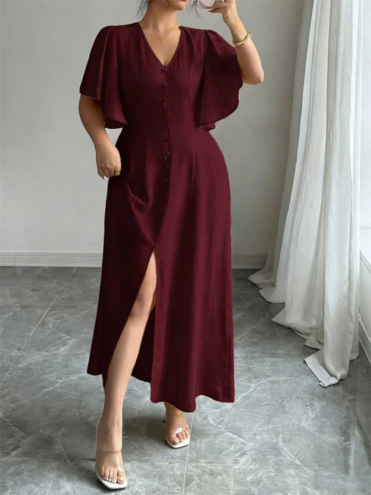 Button-Front Butterfly-Sleeve Maxi Dress
