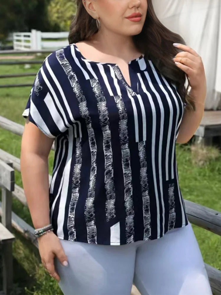 Mixed-Stripe Split-Neck Blouse