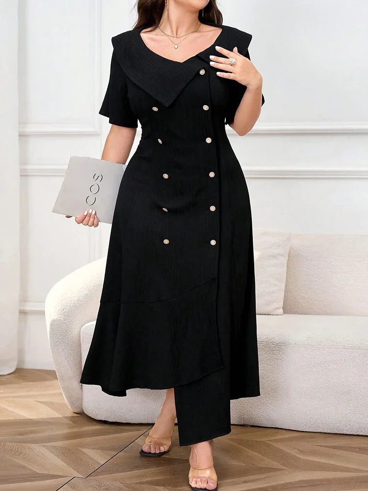 Asymmetric-Collar Double-Breasted Maxi Dress