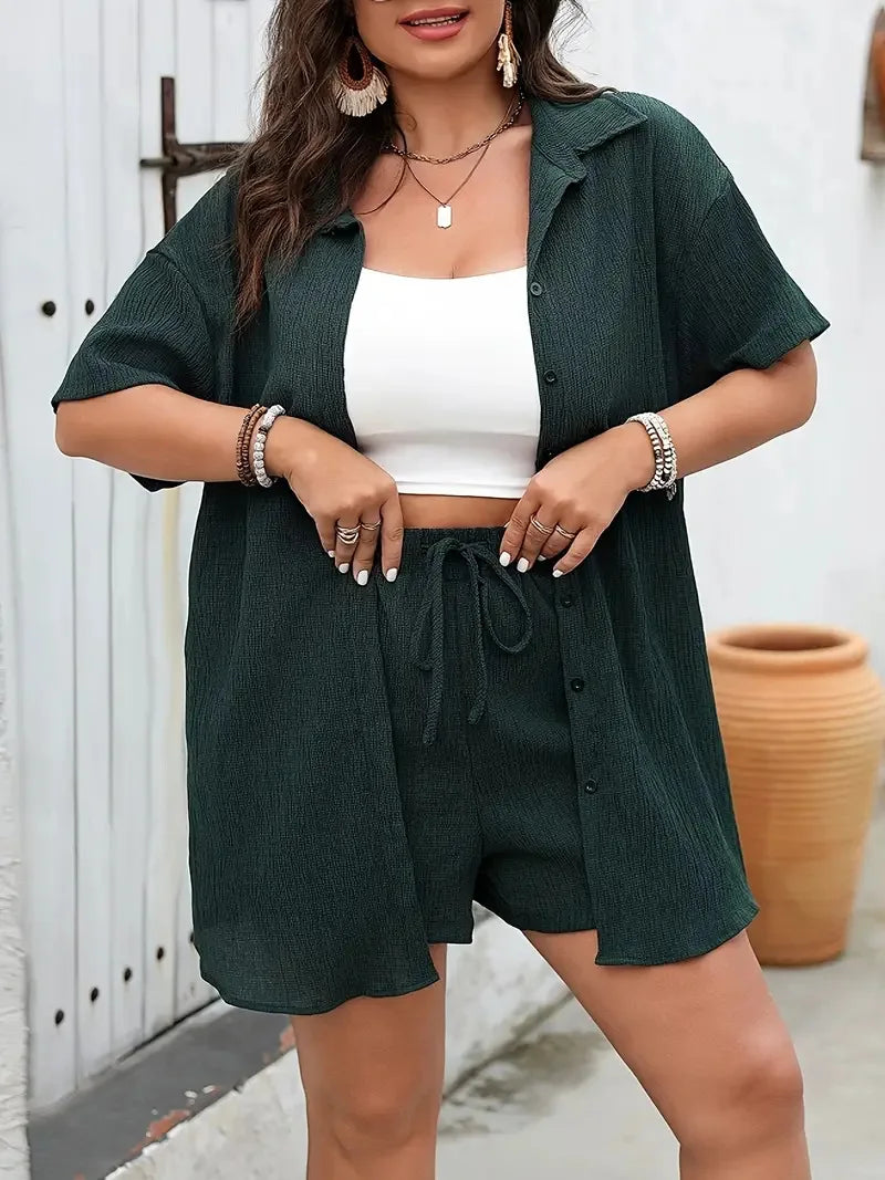 Textured Button Shirt & Drawstring Shorts Set