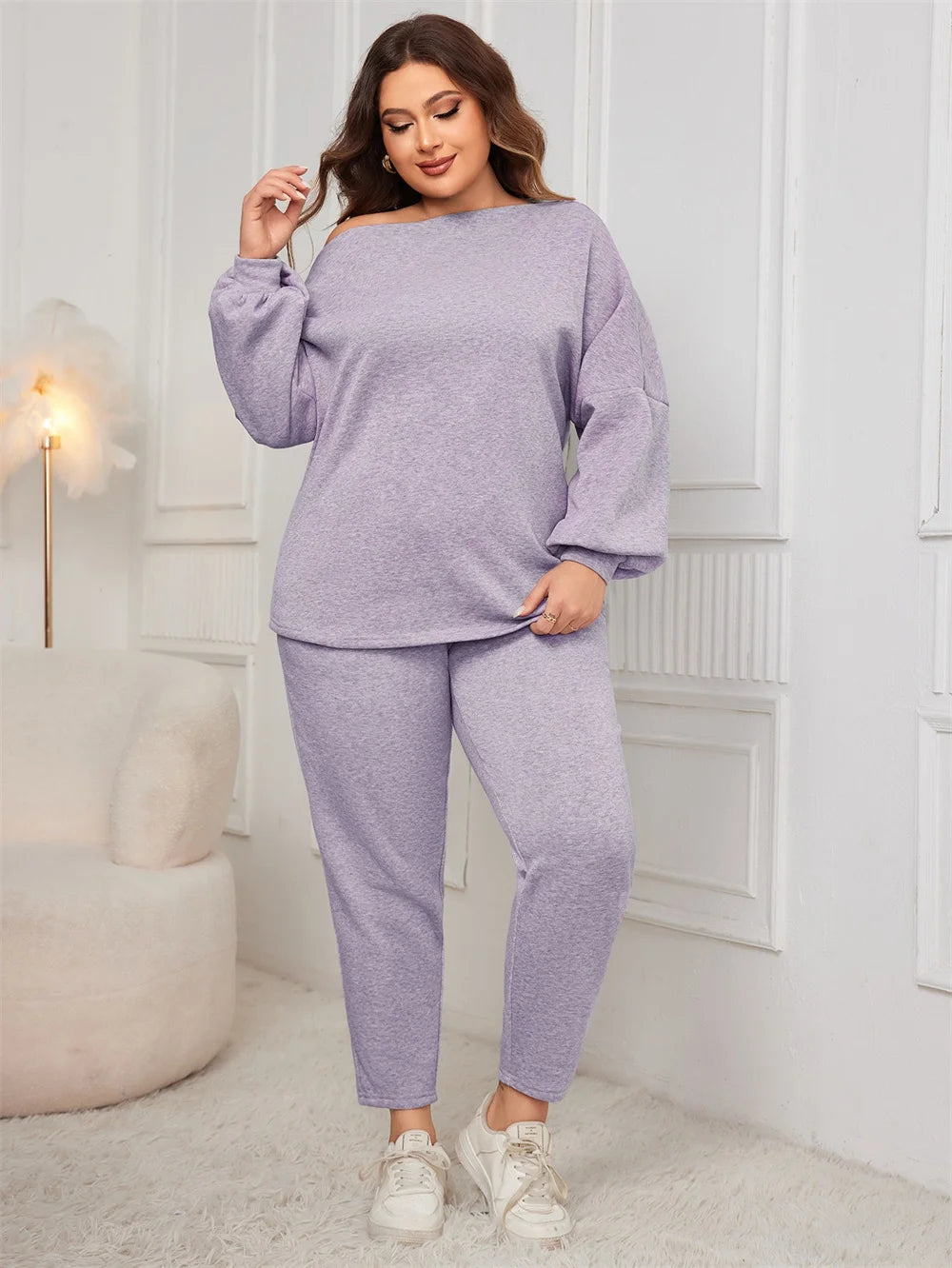 Off-Shoulder Sweatshirt & Tapered Pants Set