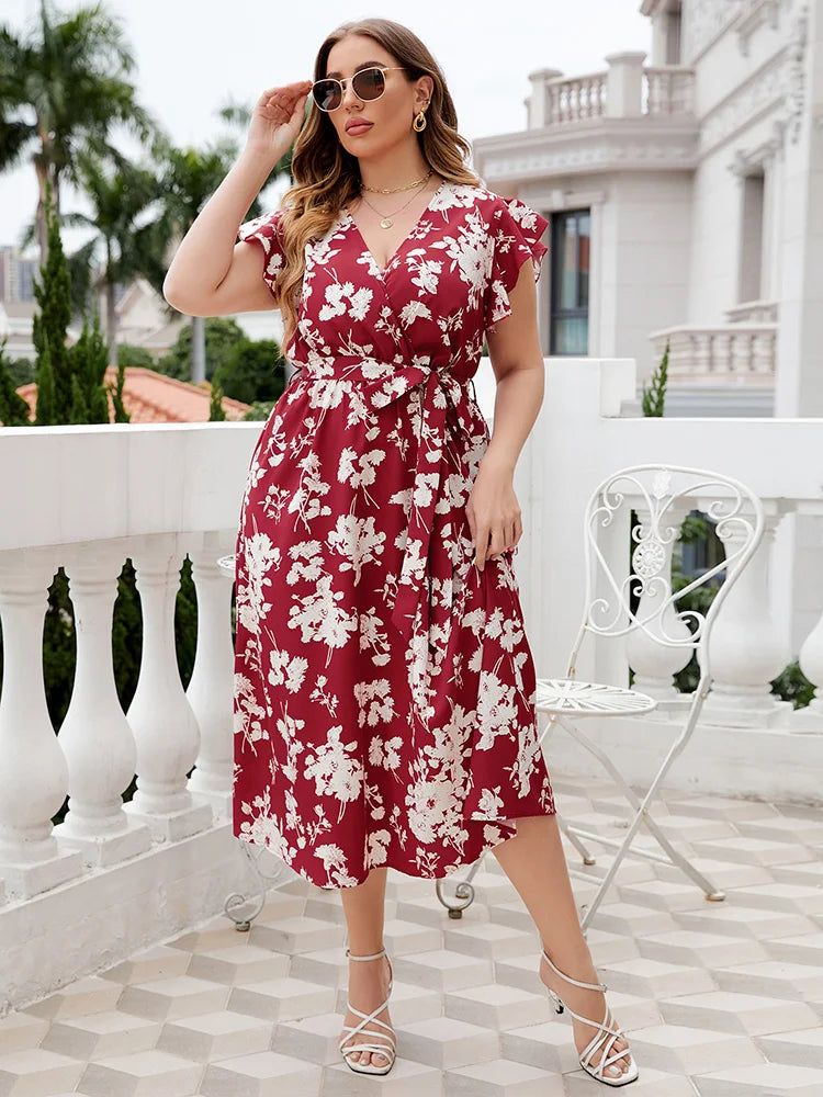 Burgundy Floral Wrap Midi Dress