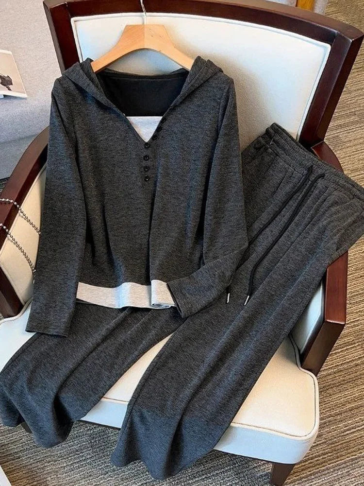 Hooded Henley Top & Flared Pants Set