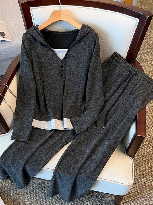 Hooded Henley Top & Flared Pants Set