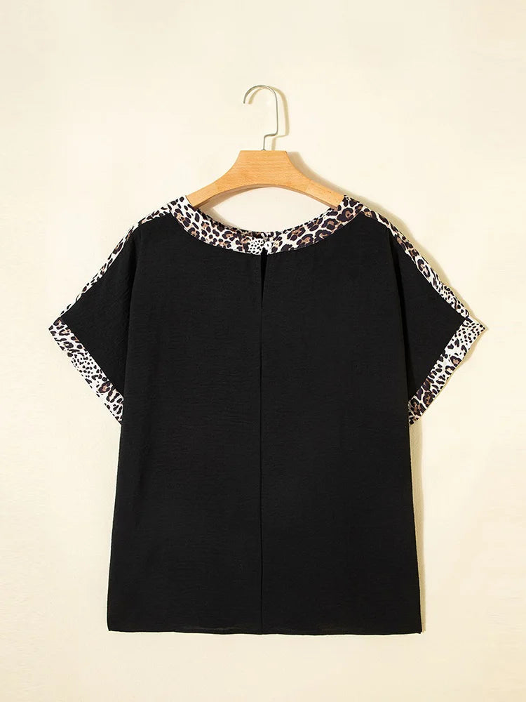 Leopard-Trim Dolman-Sleeve Top