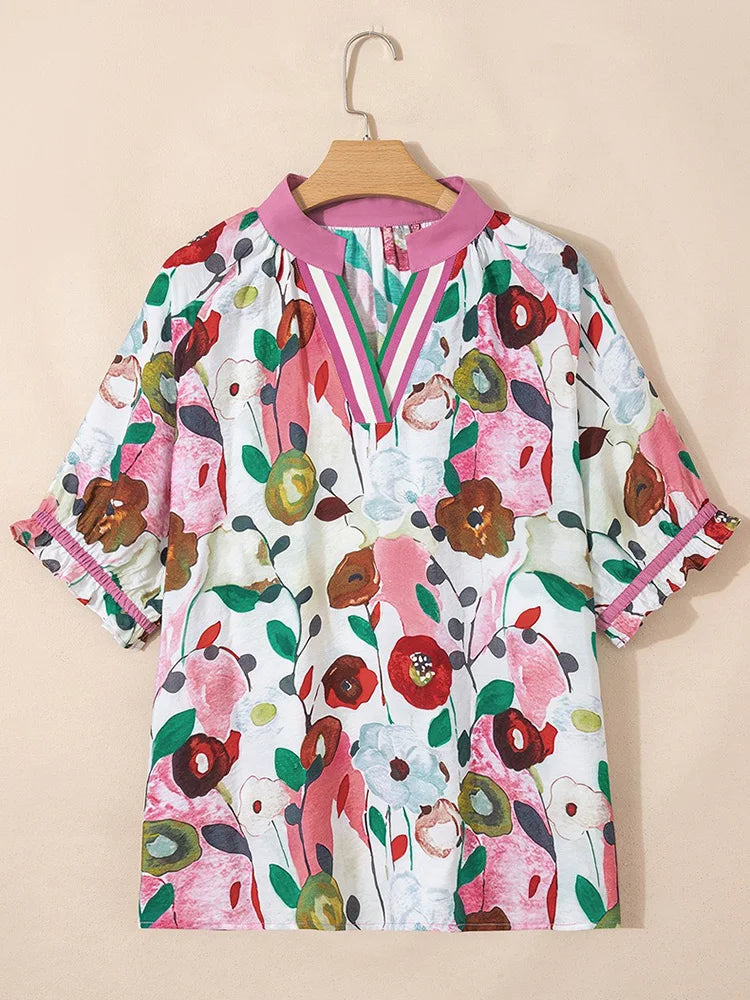 Floral Ruffle-Cuff Split-Neck Blouse
