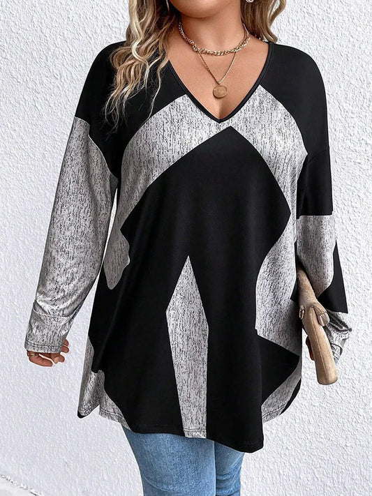 Geometric Colorblock V-Neck Tunic