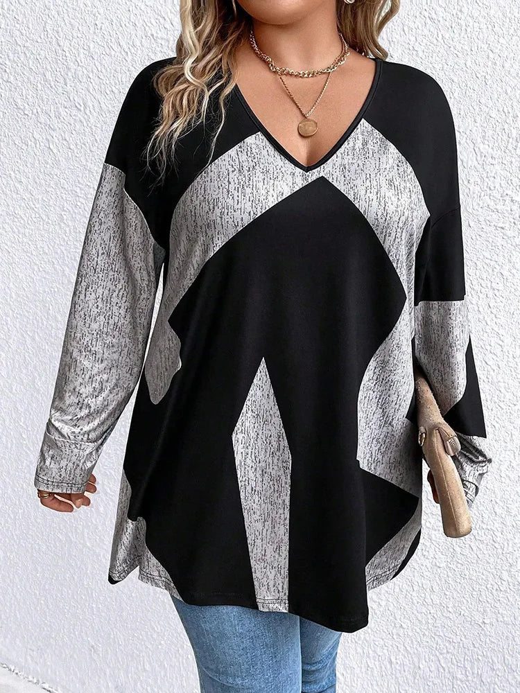 Geometric Colorblock V-Neck Tunic