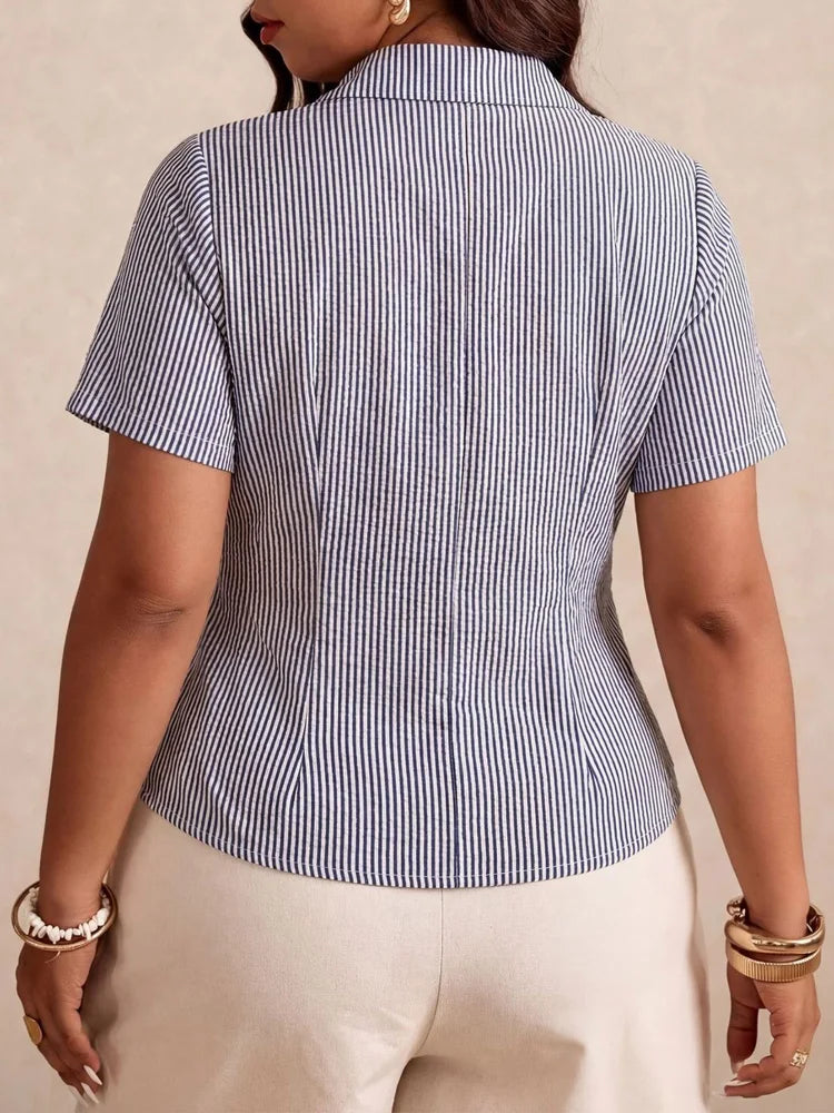 Pinstripe Wrap-Tie Collared Blouse